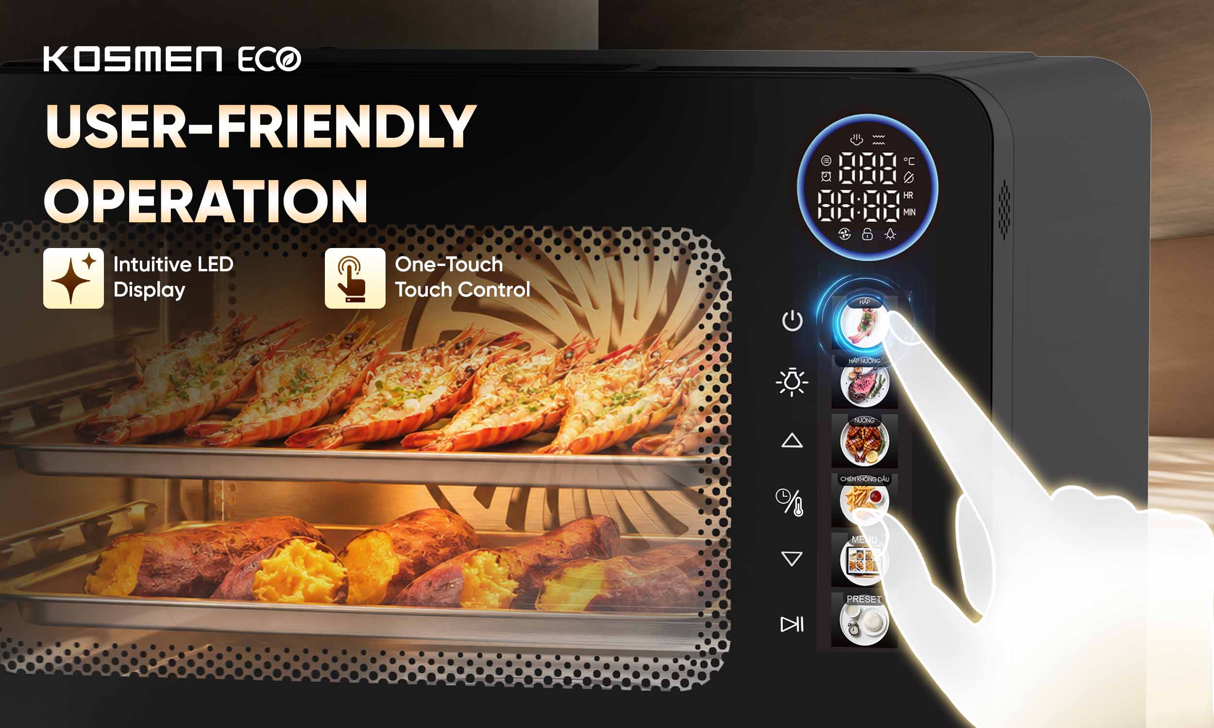 The ECO-18B is designed with an intuitive touch control panel and rotary knob, allowing effortless operation even for first-time users