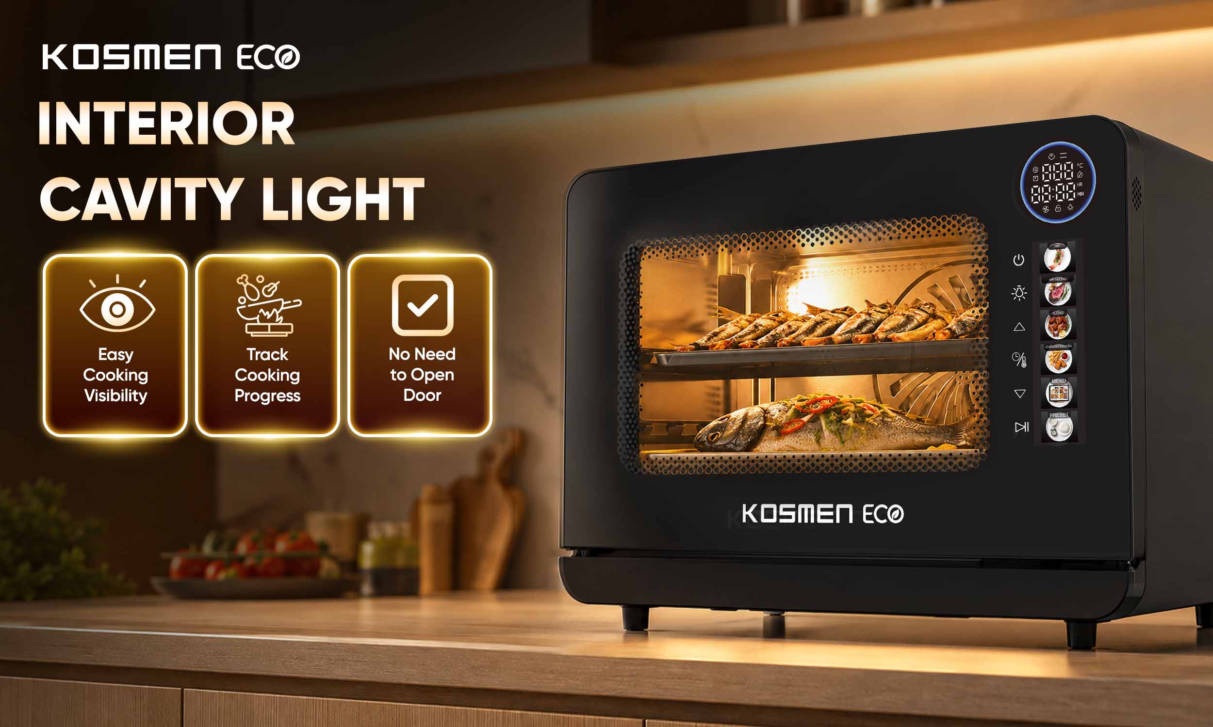 The ECO-18B is equipped with an interior cooking light, making it easy to monitor food throughout the cooking process