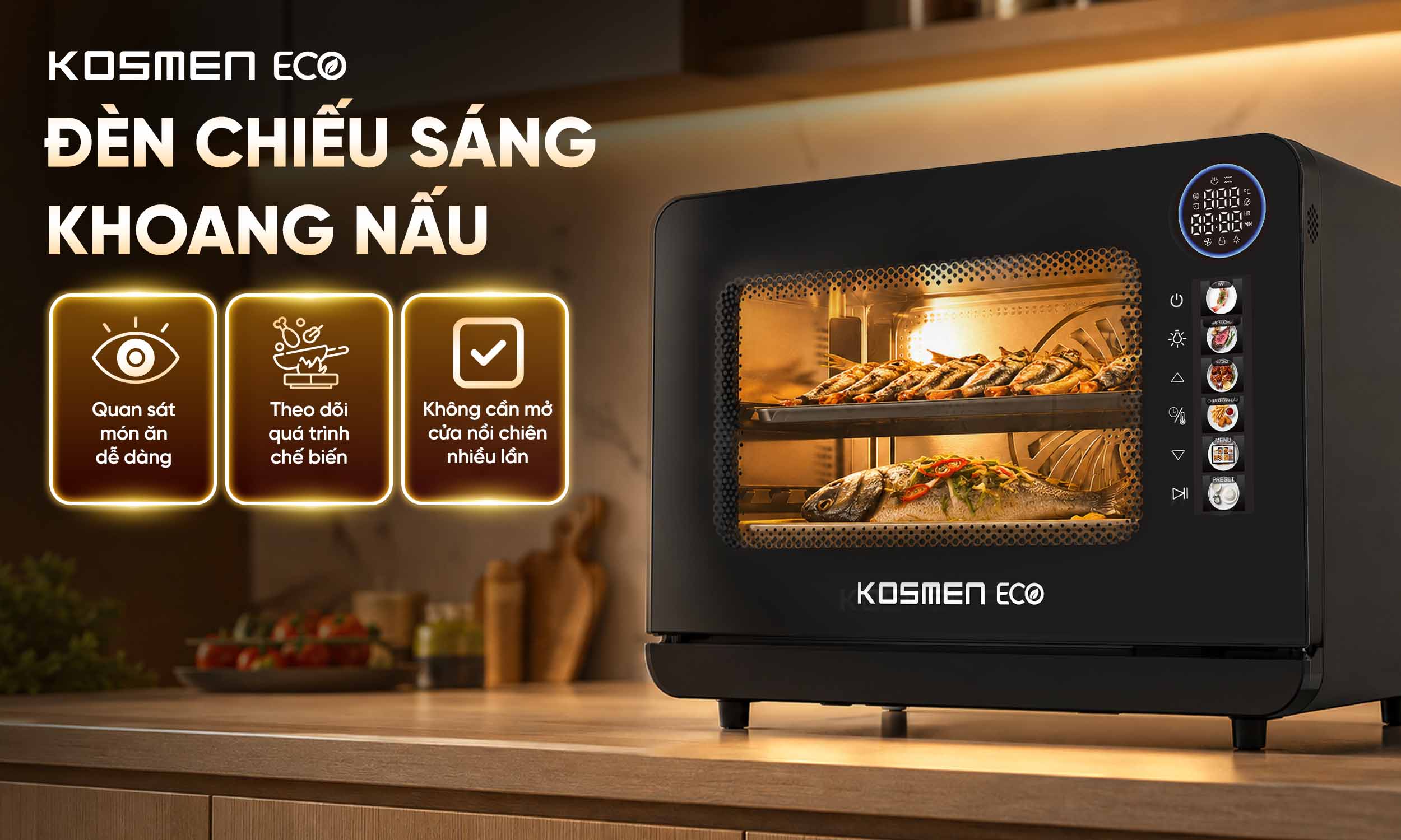 ECO-18B được trang bị đ&egrave;n chiếu s&aacute;ng khoang nấu gi&uacute;p thuận tiện quan s&aacute;t m&oacute;n ăn trong qu&aacute; tr&igrave;nh nấu nướng