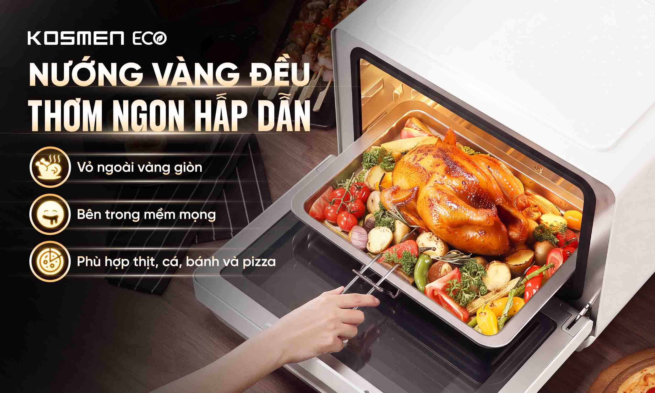 Chế độ nướng của ECO-18W c&oacute; thể tạo n&ecirc;n m&oacute;n ngon hấp dẫn, v&agrave;ng ngo&agrave;i mọng trong chuẩn hương vị