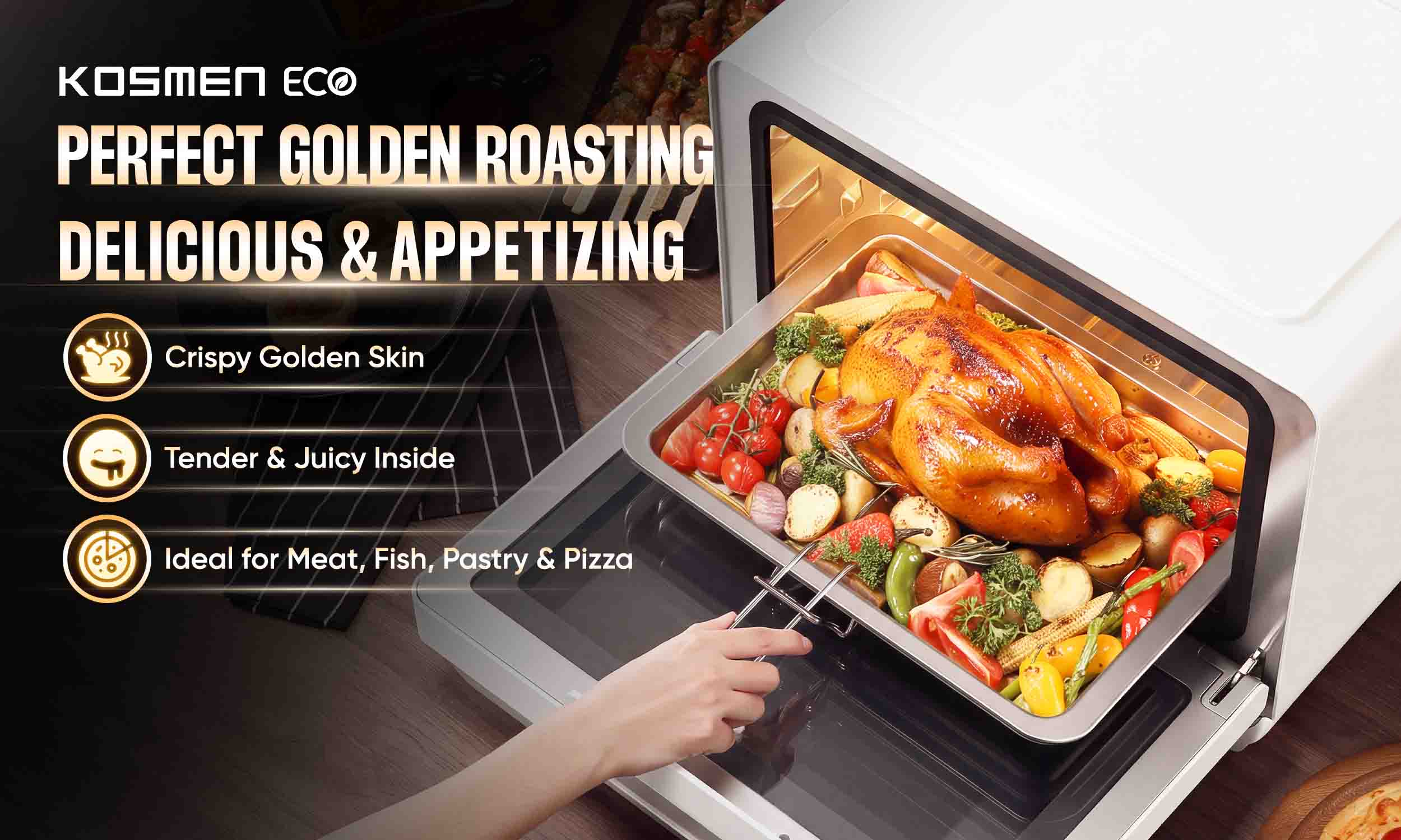 The Bake mode of the ECO-18W creates delicious dishes with a crispy golden exterior and a tender, juicy interior