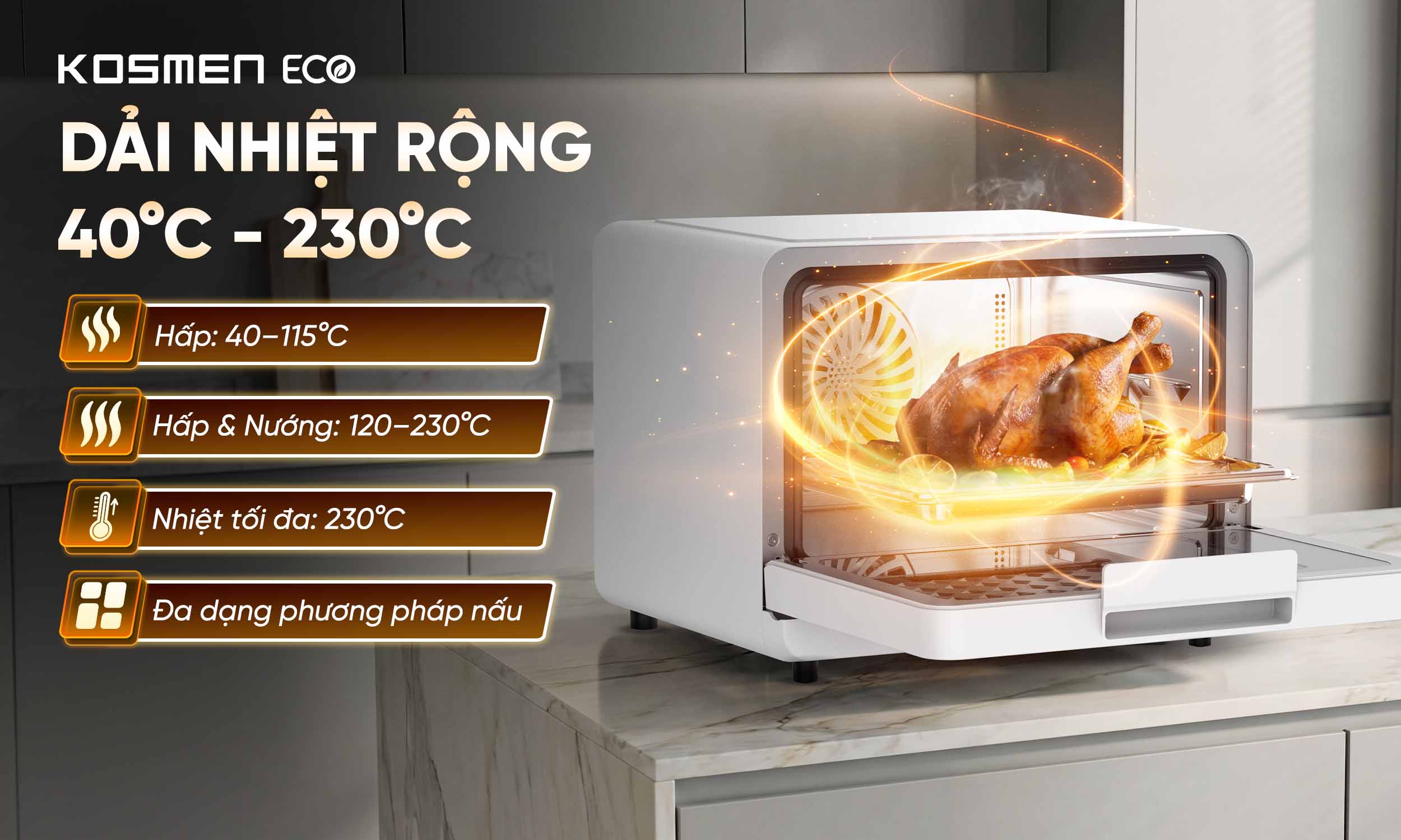 ECO-18W được trang bị dải nhiệt rộng, tạo sự linh hoạt trong qu&aacute; tr&igrave;nh chế biến từng m&oacute;n ăn ri&ecirc;ng biệt
