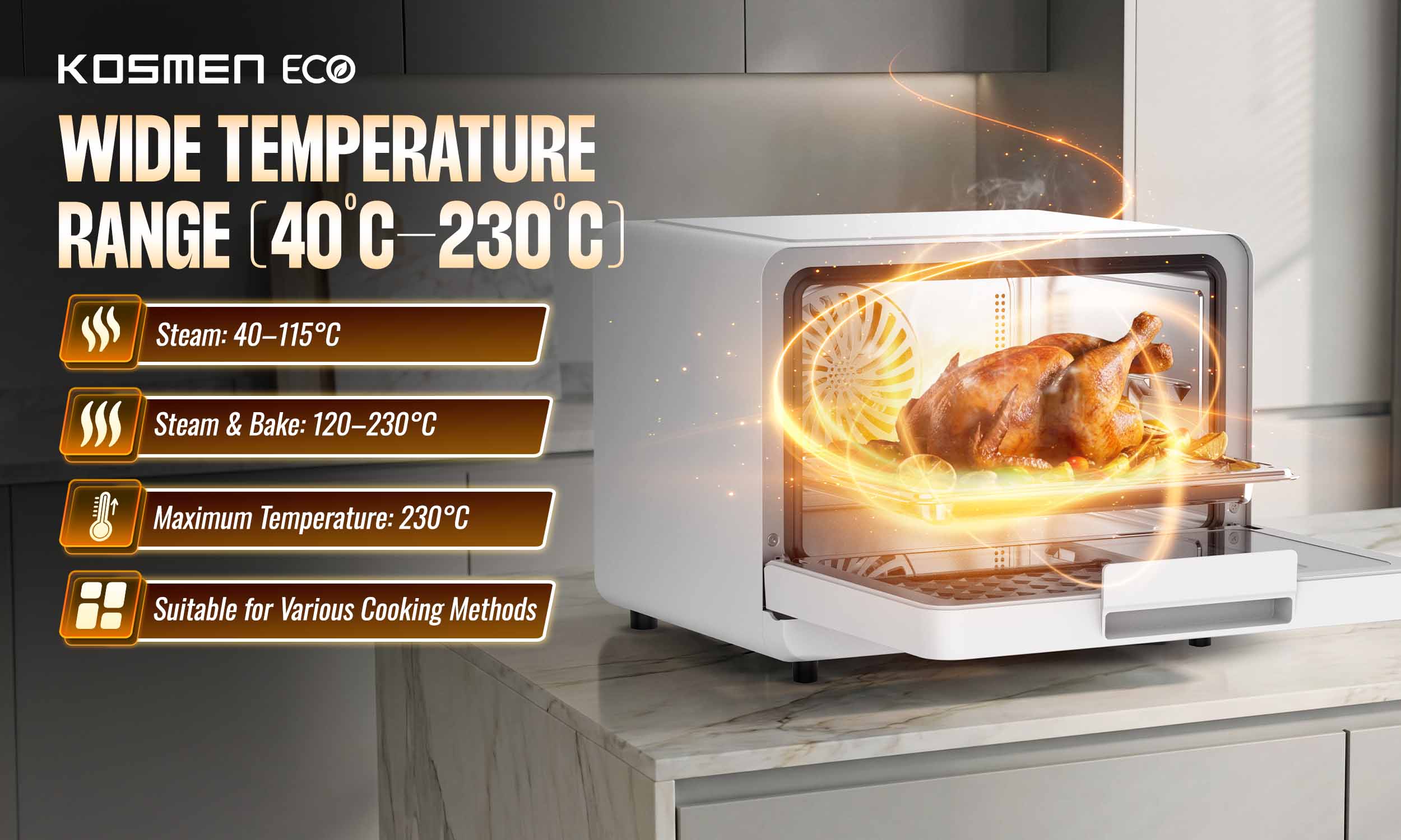 The ECO-18W offers a wide temperature range, providing greater flexibility for preparing different dishes