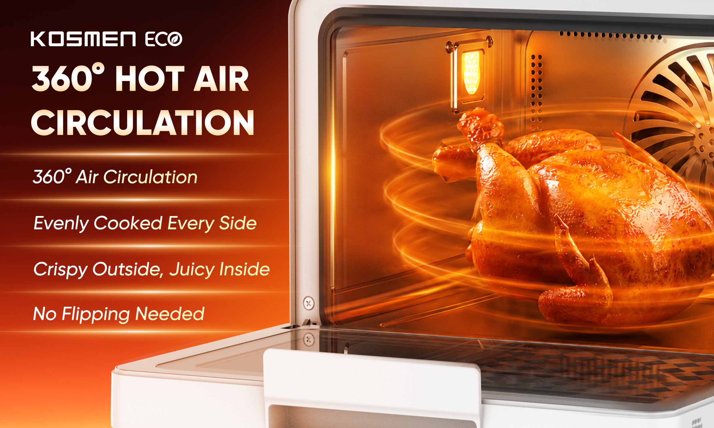 The ECO-18W features a 360° hot air circulation system, ensuring efficient and even cooking without the need to flip food