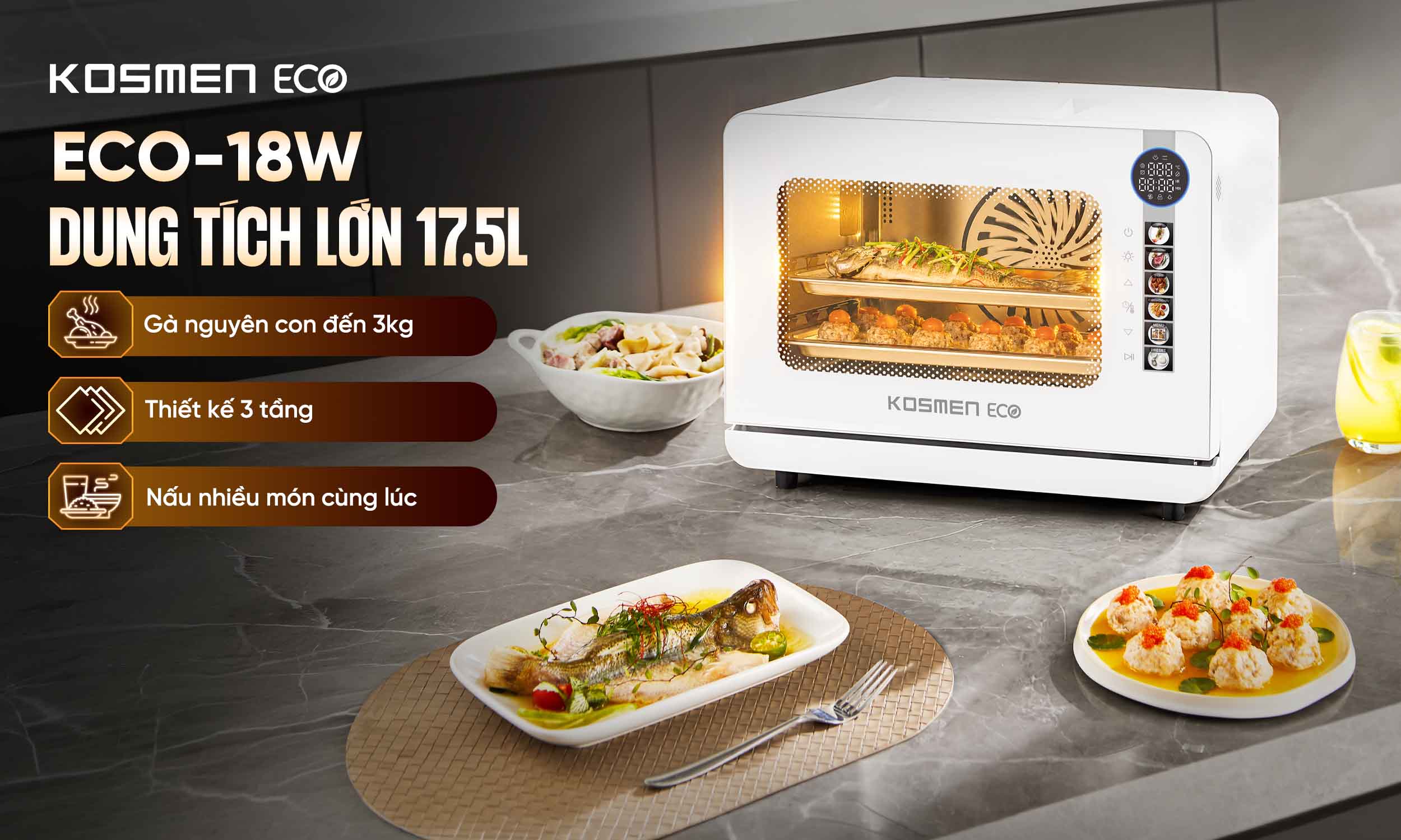 Dung t&iacute;ch nồi chi&ecirc;n hơi nước Kosmen Eco ECO-18W rộng r&atilde;i, dễ d&agrave;ng chuẩn bị bữa ăn cho cả gia đ&igrave;nh