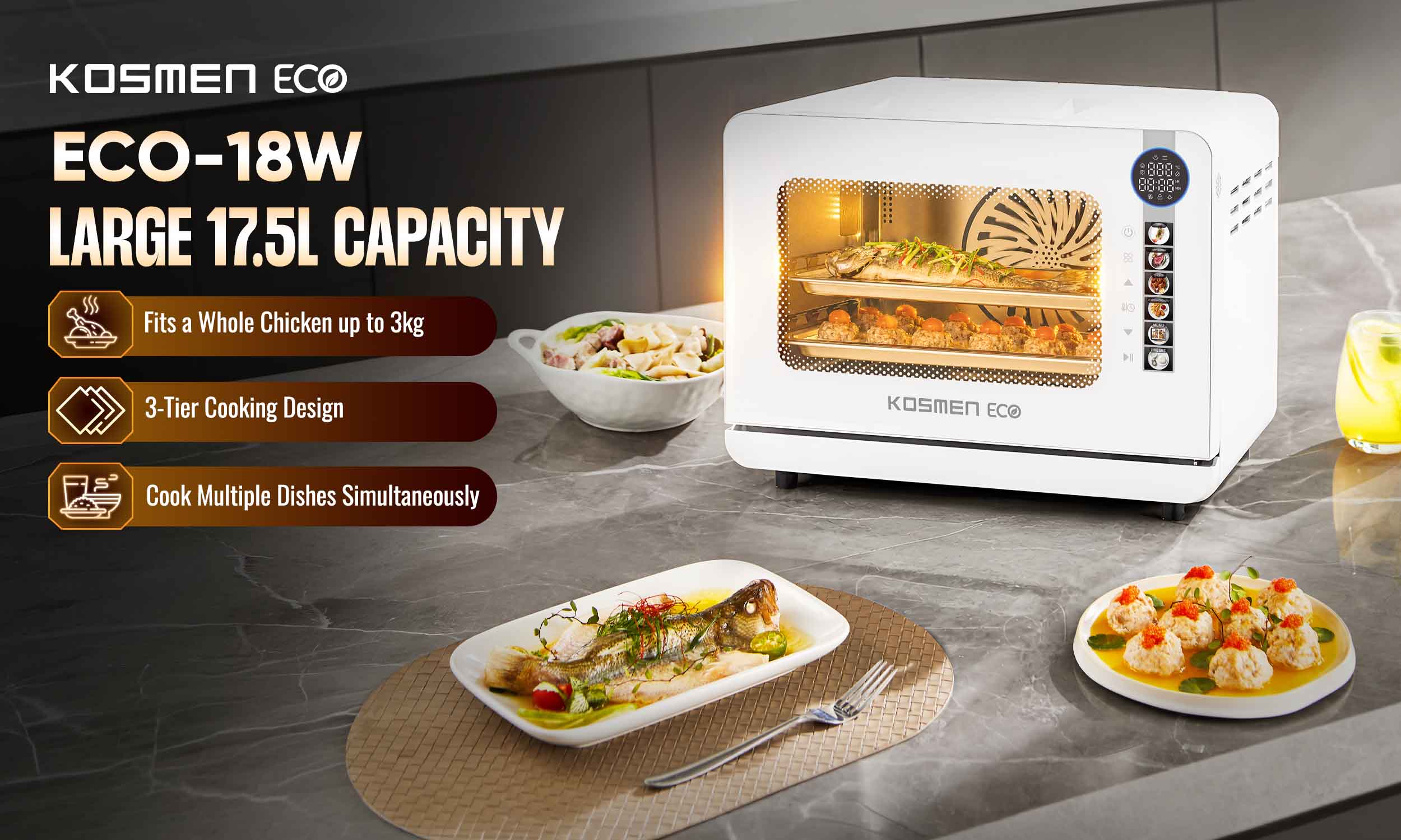 The Kosmen Eco ECO-18W Steam Air Fryer features a 17.5L capacity and a three-tier design, allowing multiple dishes to be cooked at the same time