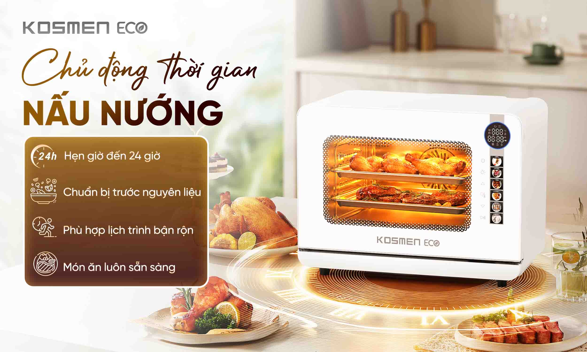 Chủ động thời gian nấu nướng với t&iacute;nh năng hẹn giờ th&ocirc;ng minh đến 24H của nồi chi&ecirc;n hơi nước Kosmen Eco ECO-18W