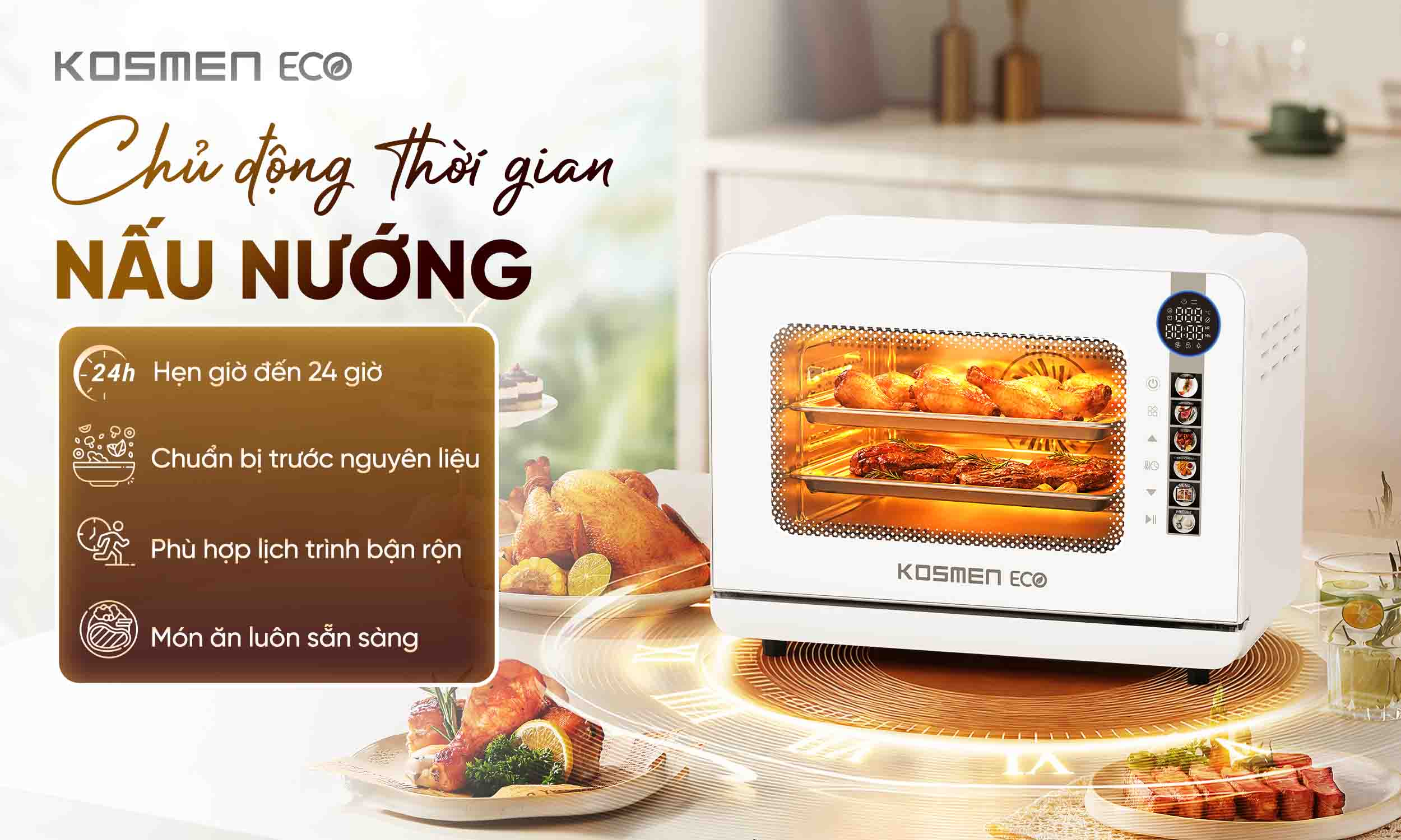 Chủ động thời gian nấu nướng với t&iacute;nh năng hẹn giờ th&ocirc;ng minh đến 24H của nồi chi&ecirc;n hơi nước Kosmen Eco ECO-18W