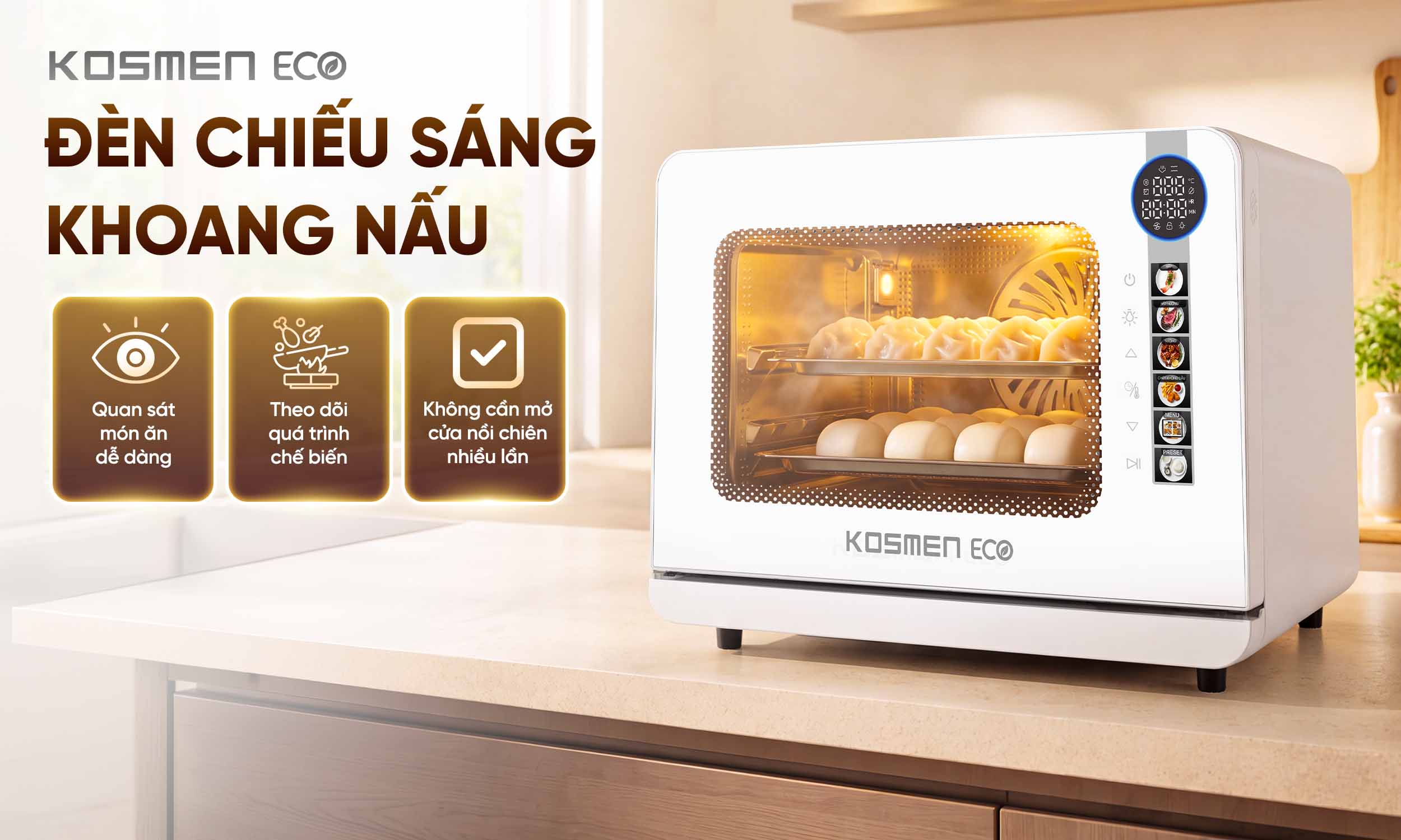 ECO-18W được trang bị đ&egrave;n chiếu s&aacute;ng khoang nấu gi&uacute;p quan s&aacute;t m&oacute;n ăn tiện lợi trong qu&aacute; tr&igrave;nh nấu nướng