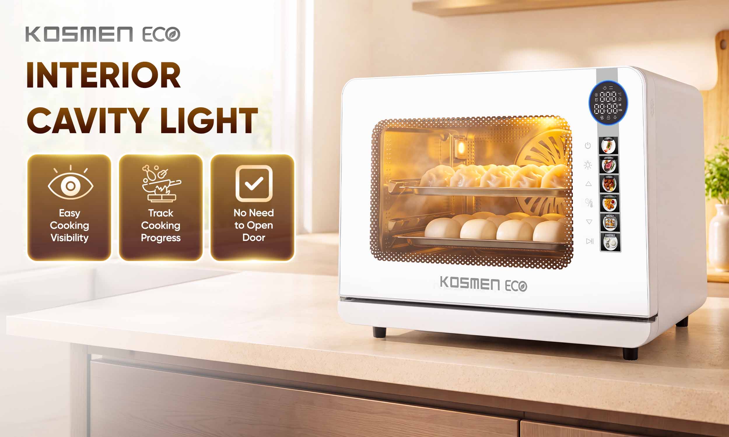 The ECO-18W is equipped with an interior cooking light, making it convenient to monitor food throughout the cooking process