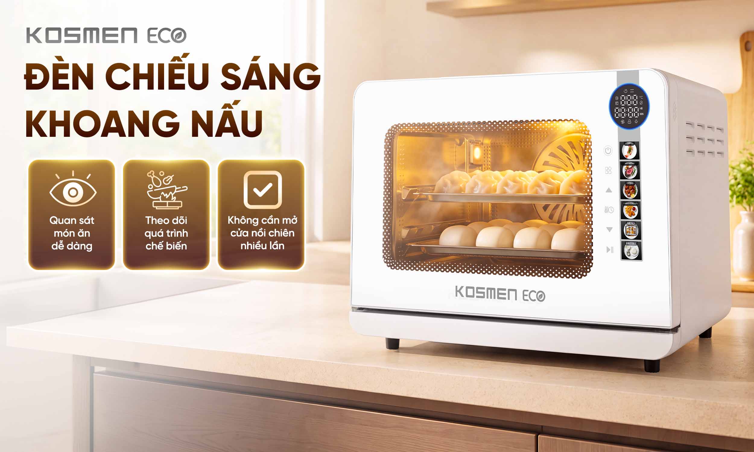 ECO-18W được trang bị đ&egrave;n chiếu s&aacute;ng khoang nấu gi&uacute;p quan s&aacute;t m&oacute;n ăn tiện lợi trong qu&aacute; tr&igrave;nh nấu nướng