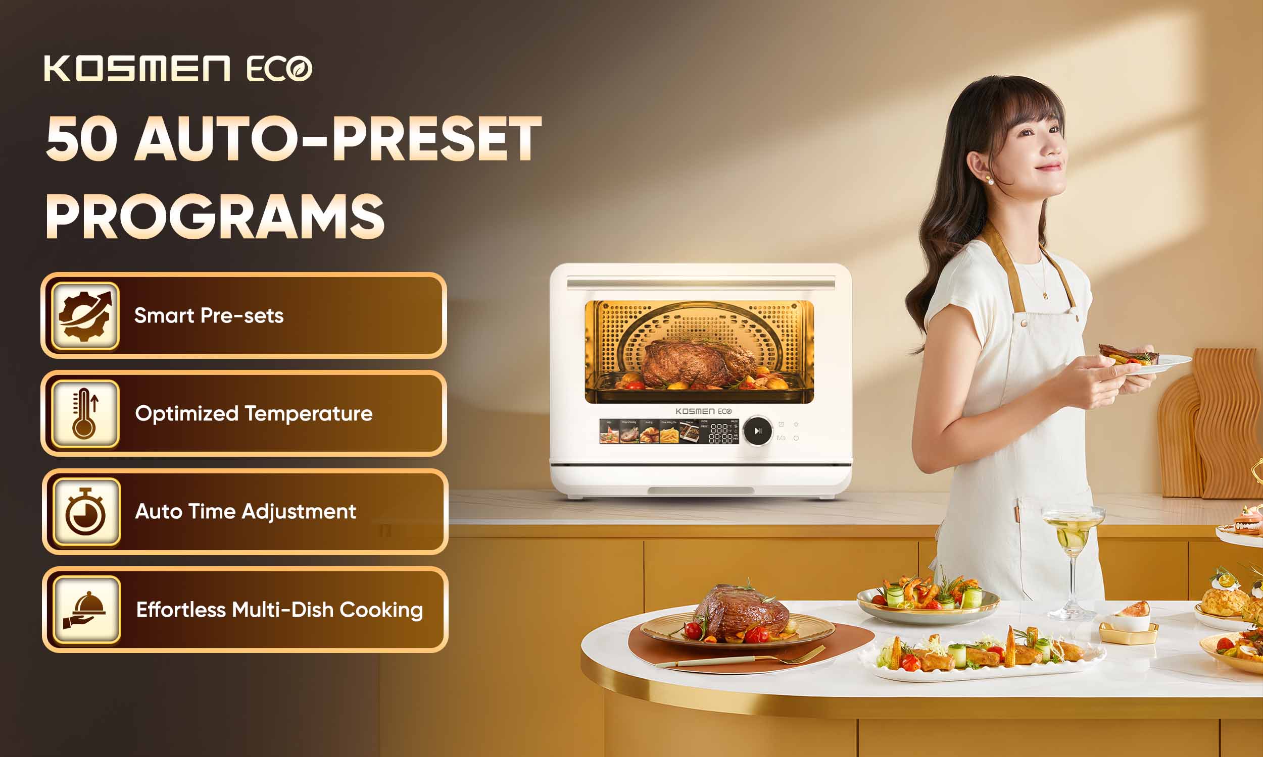The ECO-23W comes with 50 preset cooking programs, offering a wide range of cooking options for the whole family