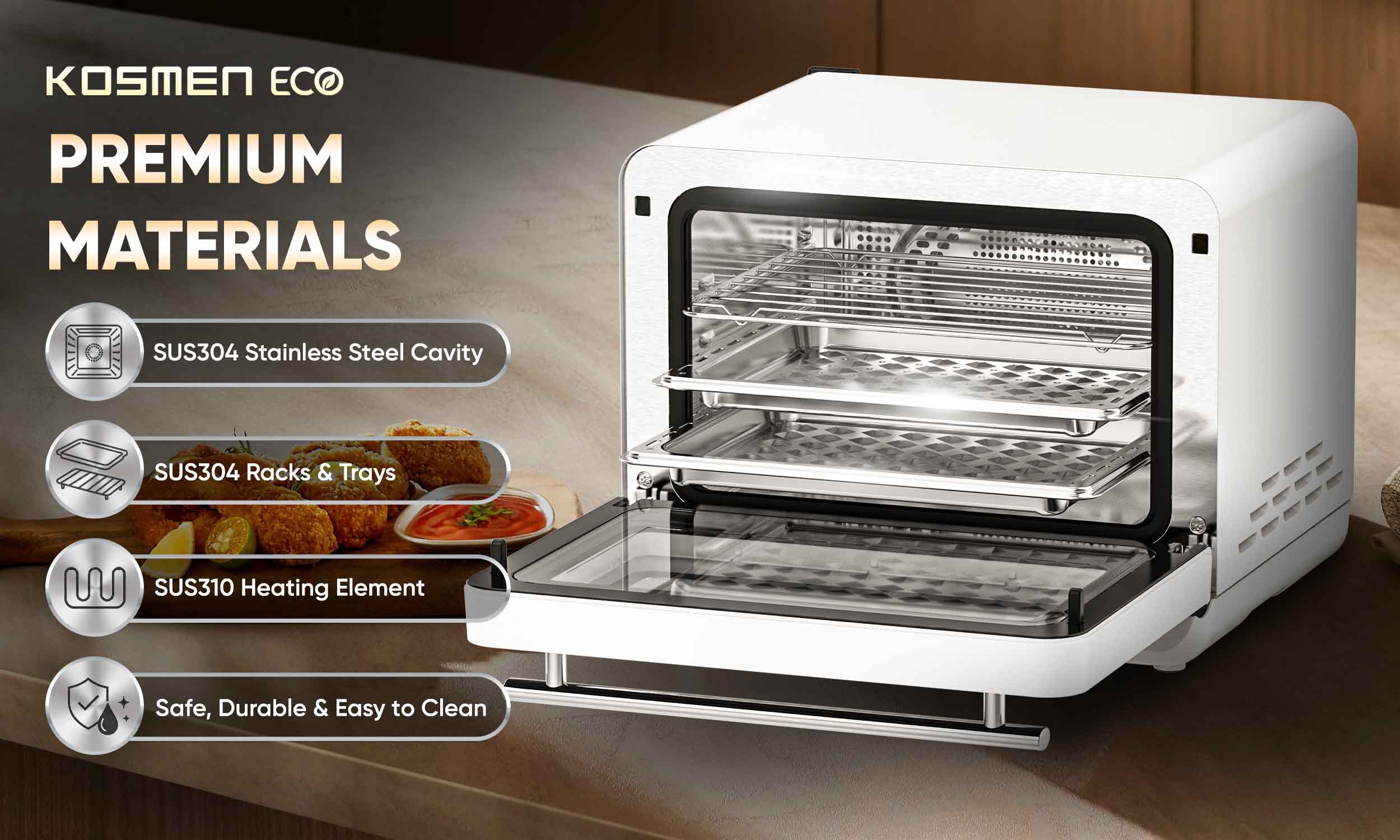 Kosmen Eco Steam Air Fryer is crafted from premium stainless steel for exceptional durability and food safety