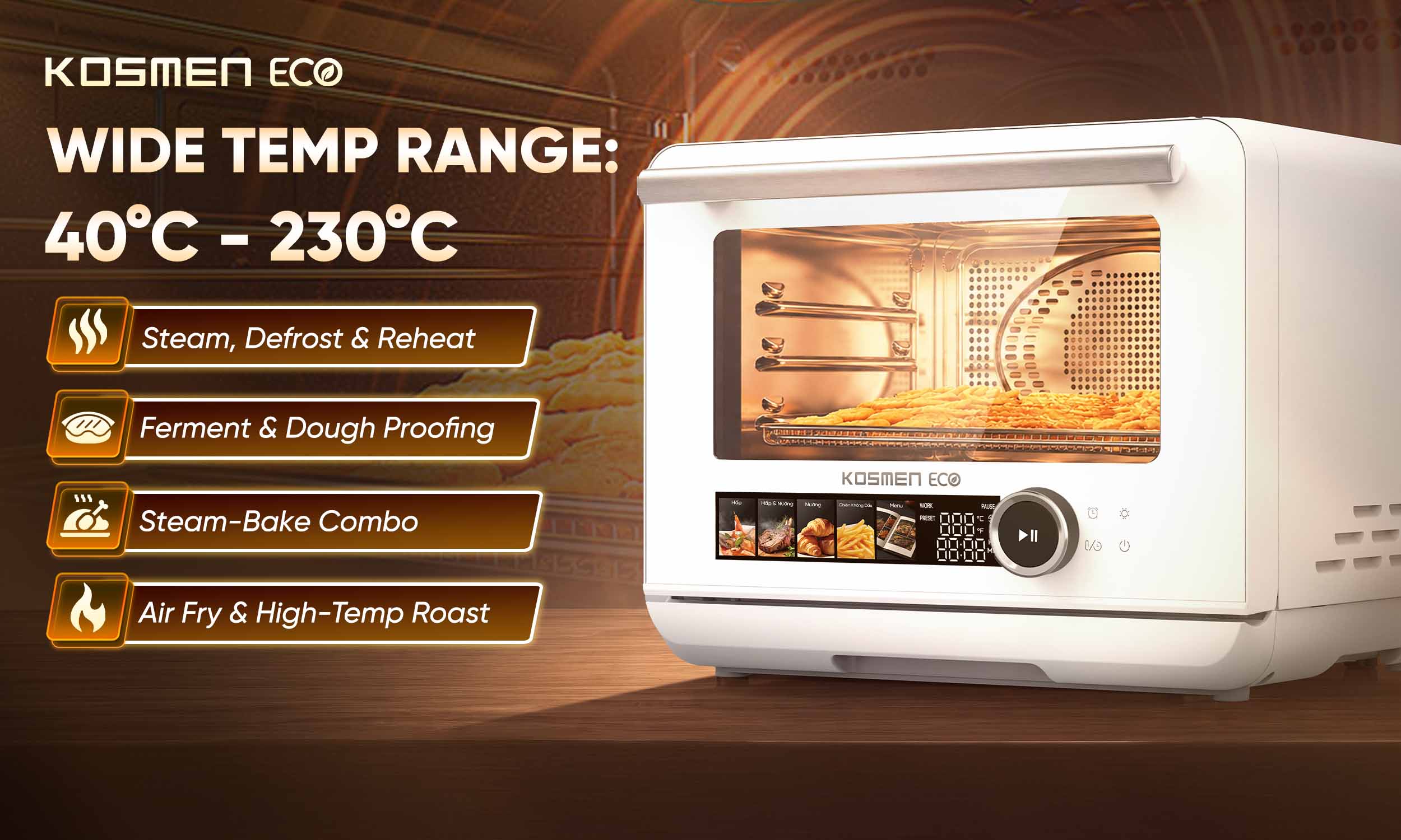 The ECO-23W offers a wide temperature range, allowing you to prepare a wide variety of delicious dishes with ease