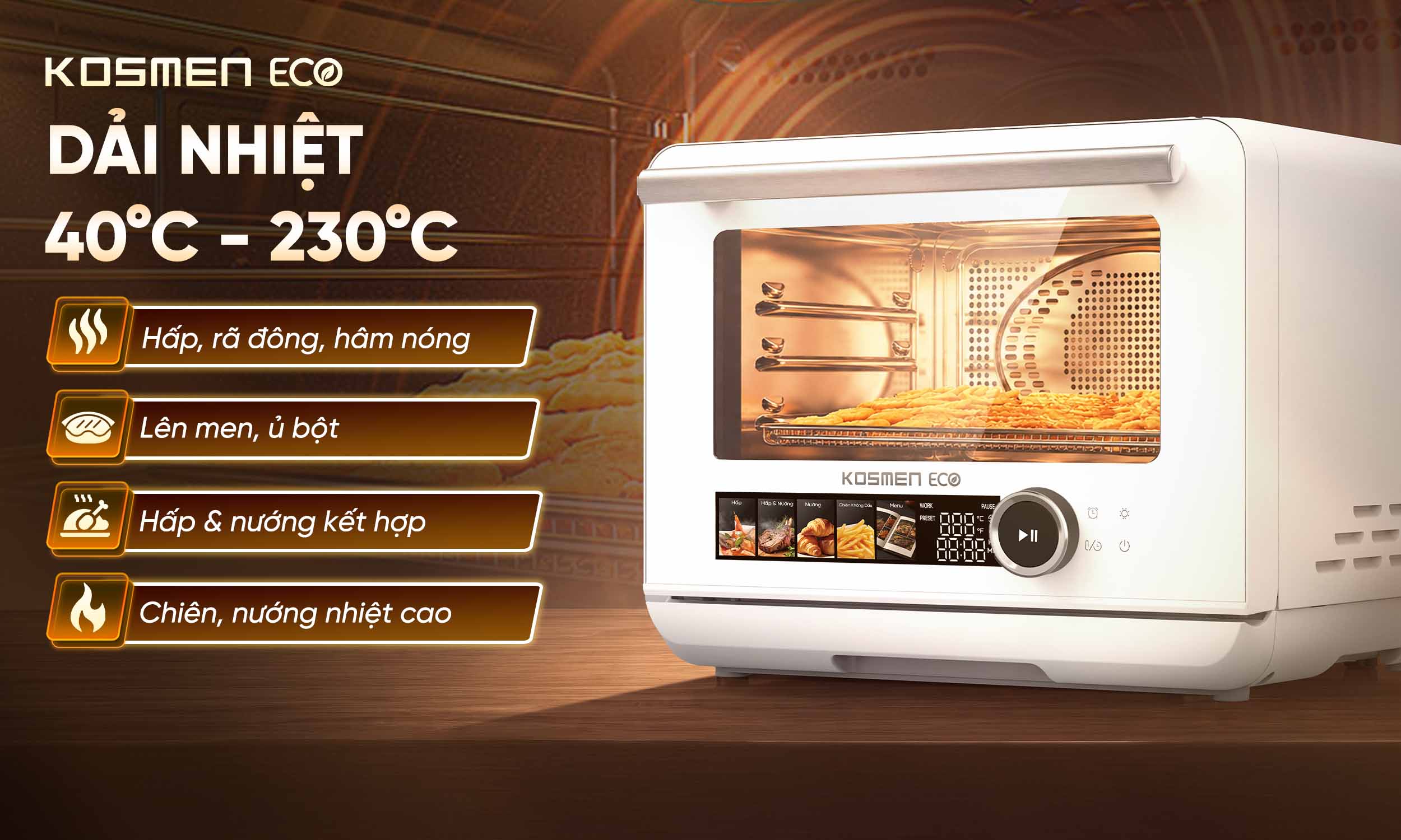 ECO-23W có dải nhiệt rộng giúp dễ dàng chế biến đa dạng món ngon