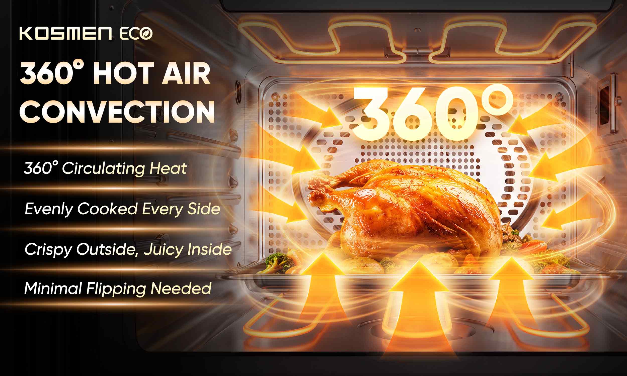 Kosmen Eco Steam Air Fryer is equipped with a 360&deg; hot air circulation system that ensures food is cooked evenly throughout