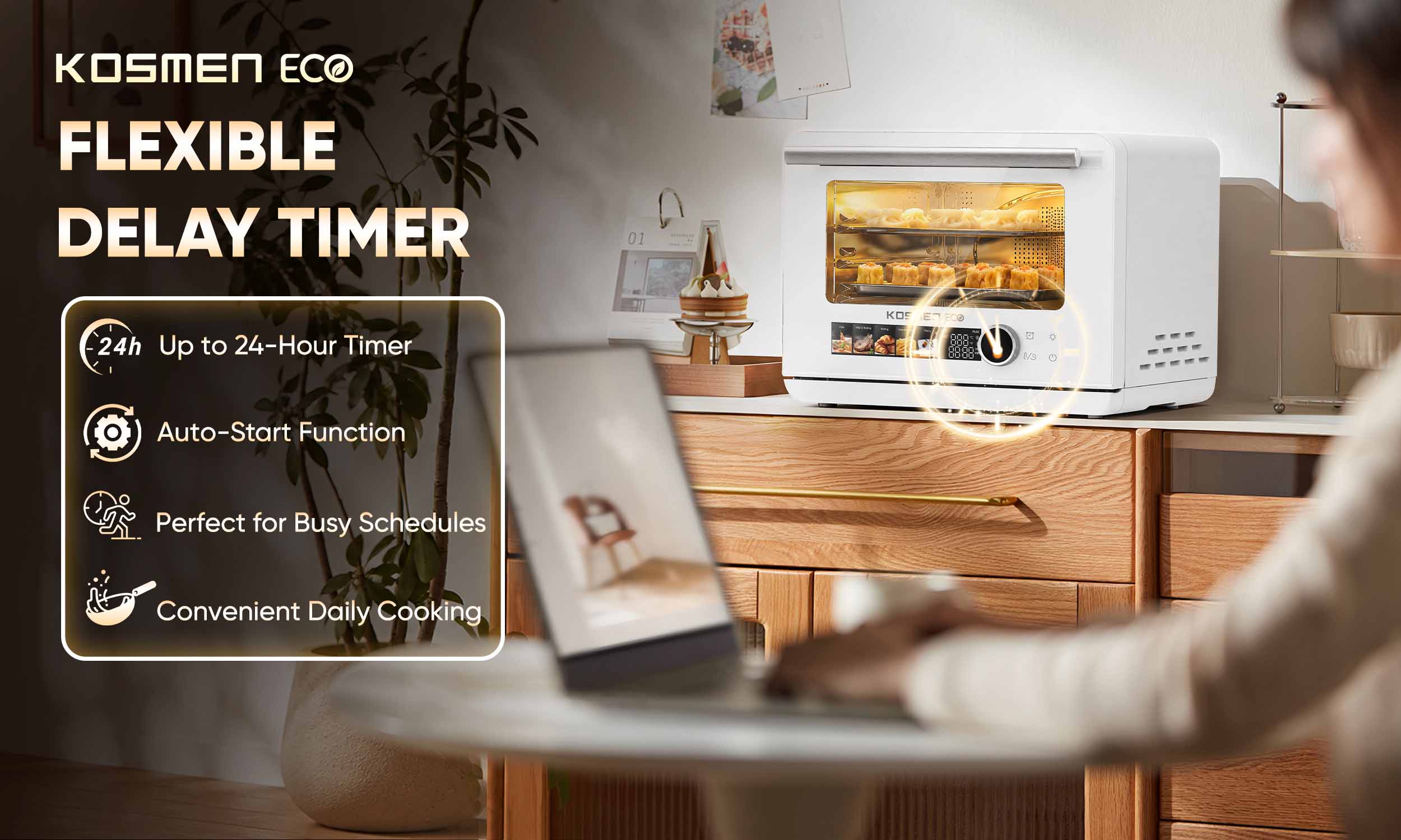 Take full control of your cooking schedule with the ECO-23W's flexible 24-hour timer