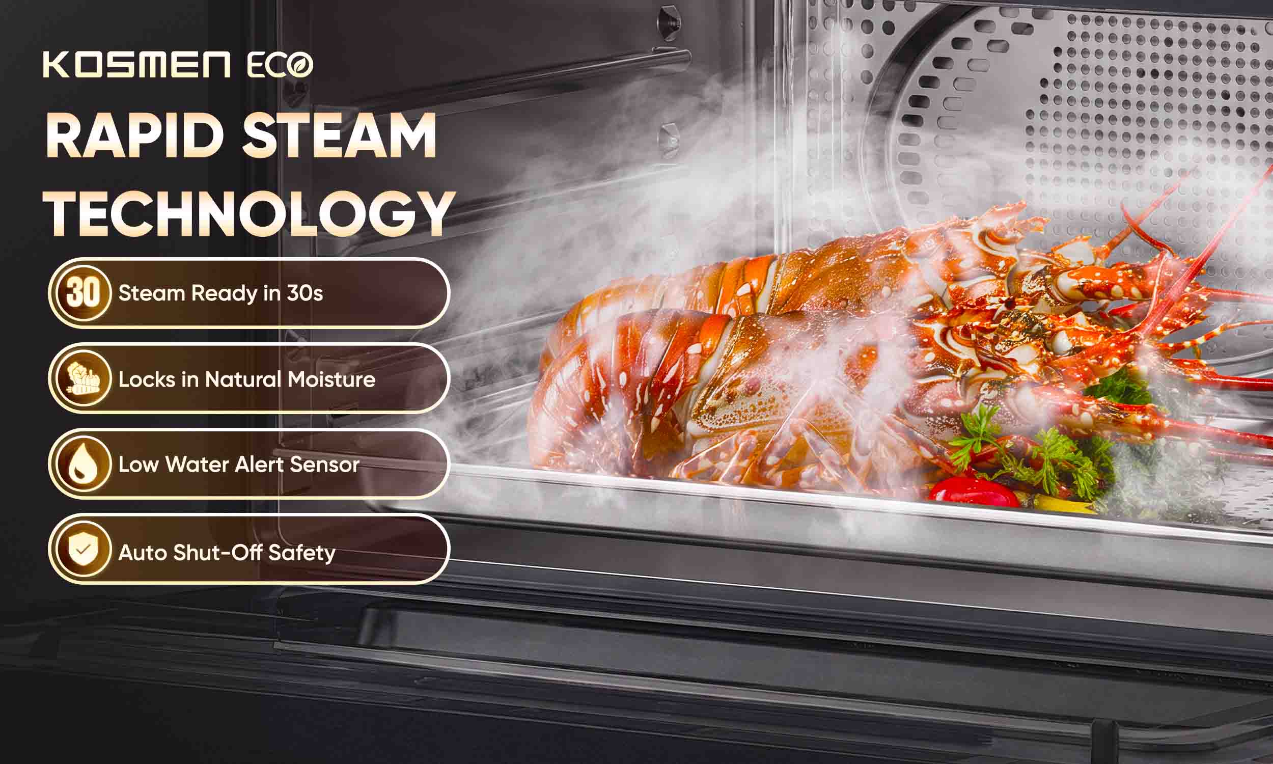 Kosmen Eco Steam Air Fryer features a rapid steam generation system that produces steam in just 30 seconds