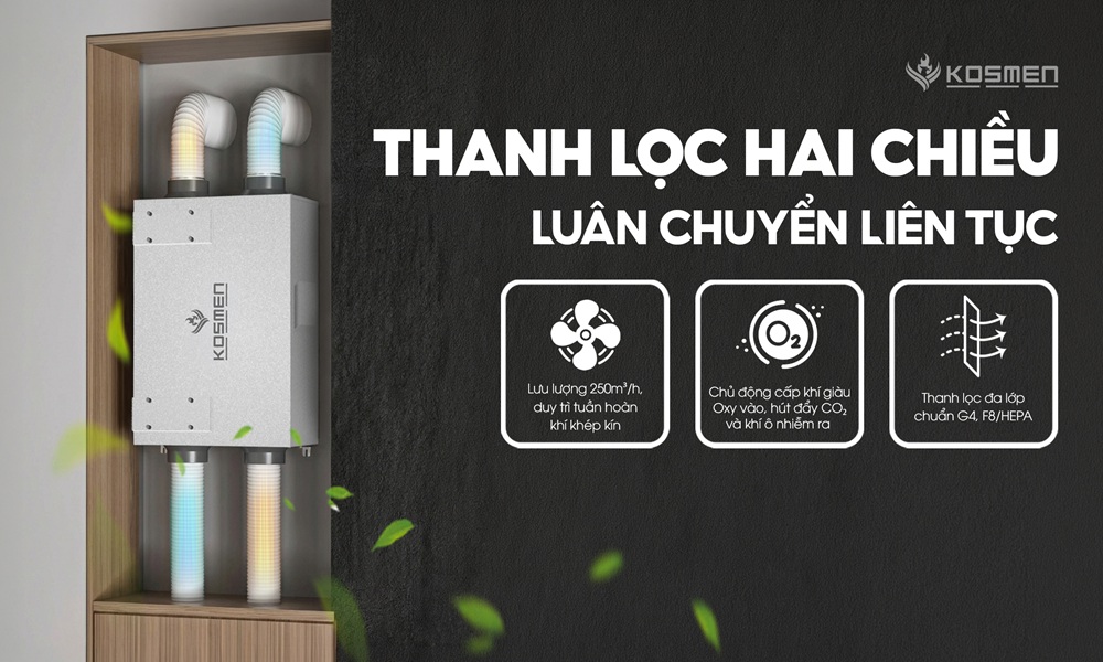 2 cửa cấp v&agrave; h&uacute;t kh&iacute; của Kosmen KM-A250 đều được trang bị bộ lọc chuy&ecirc;n s&acirc;u, tối ưu hiệu quả lọc kh&iacute;
