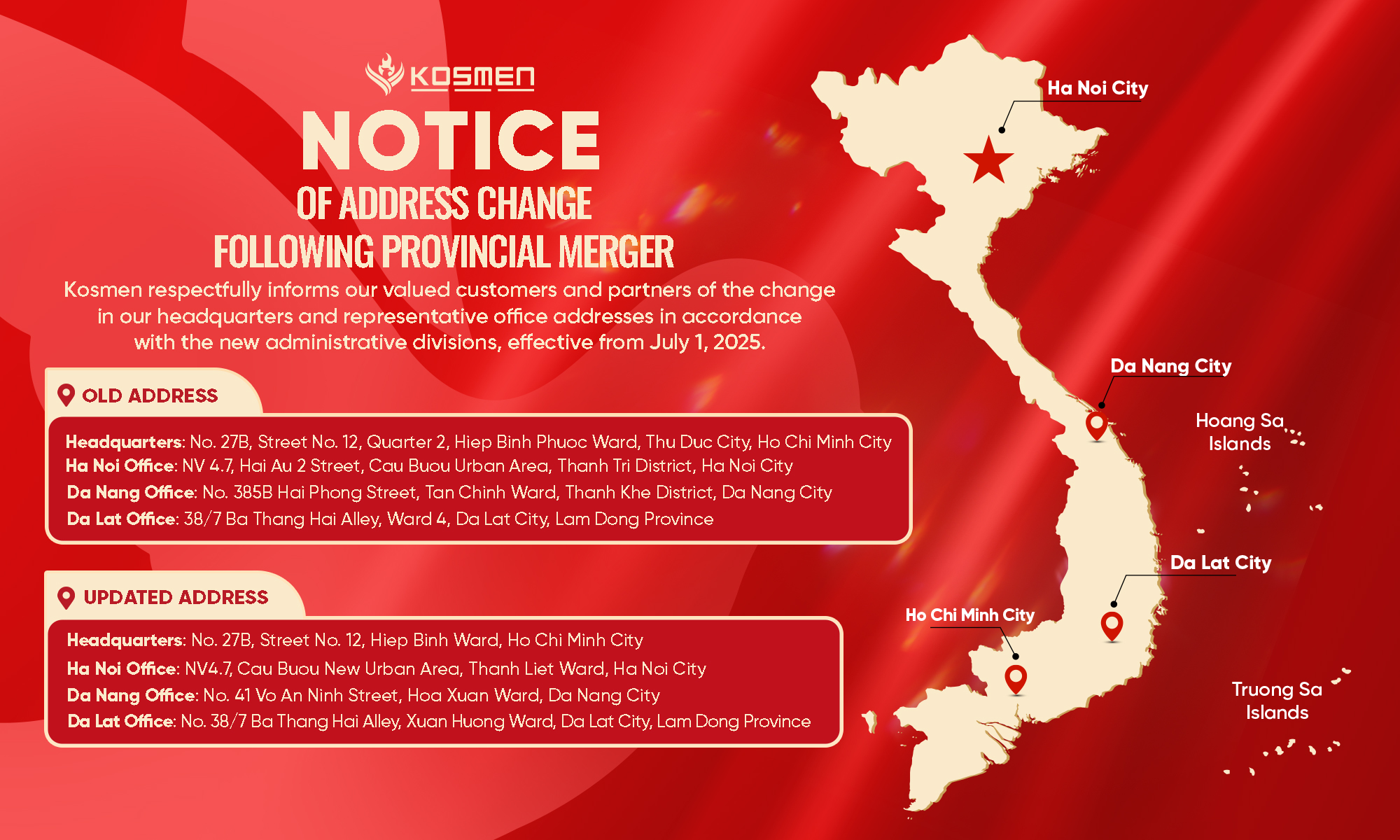 Kosmen updates administrative addresses following provincial mergers