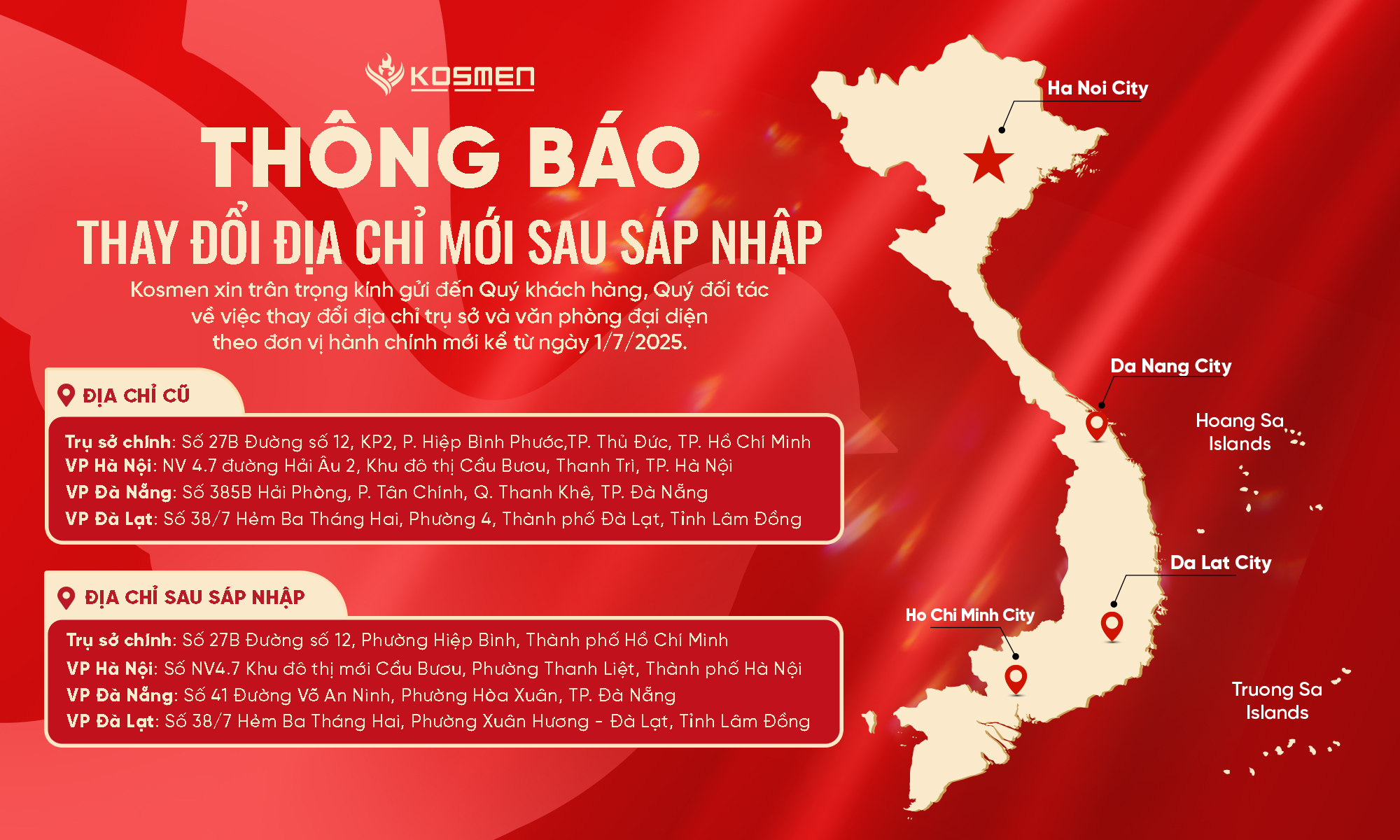 Kosmen cập nhật địa chỉ hành chỉnh sau sáp nhập tỉnh thành