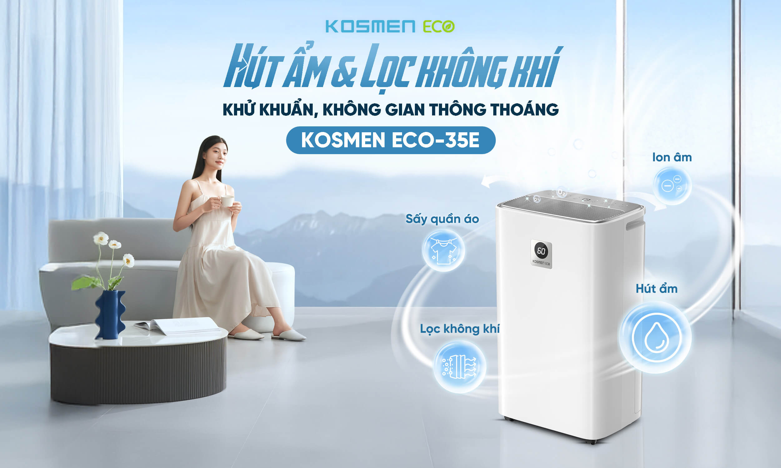 Kosmen ECO-35E tích hợp 2in1 tính năng lọc không khí và hút ẩm, mang đến không gian sống trong lành và thông thoáng