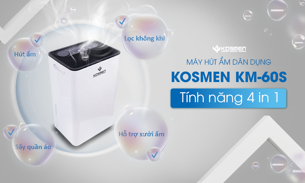 The Kosmen KM-60S Dehumidifier is equipped with 4-in-1 functionality