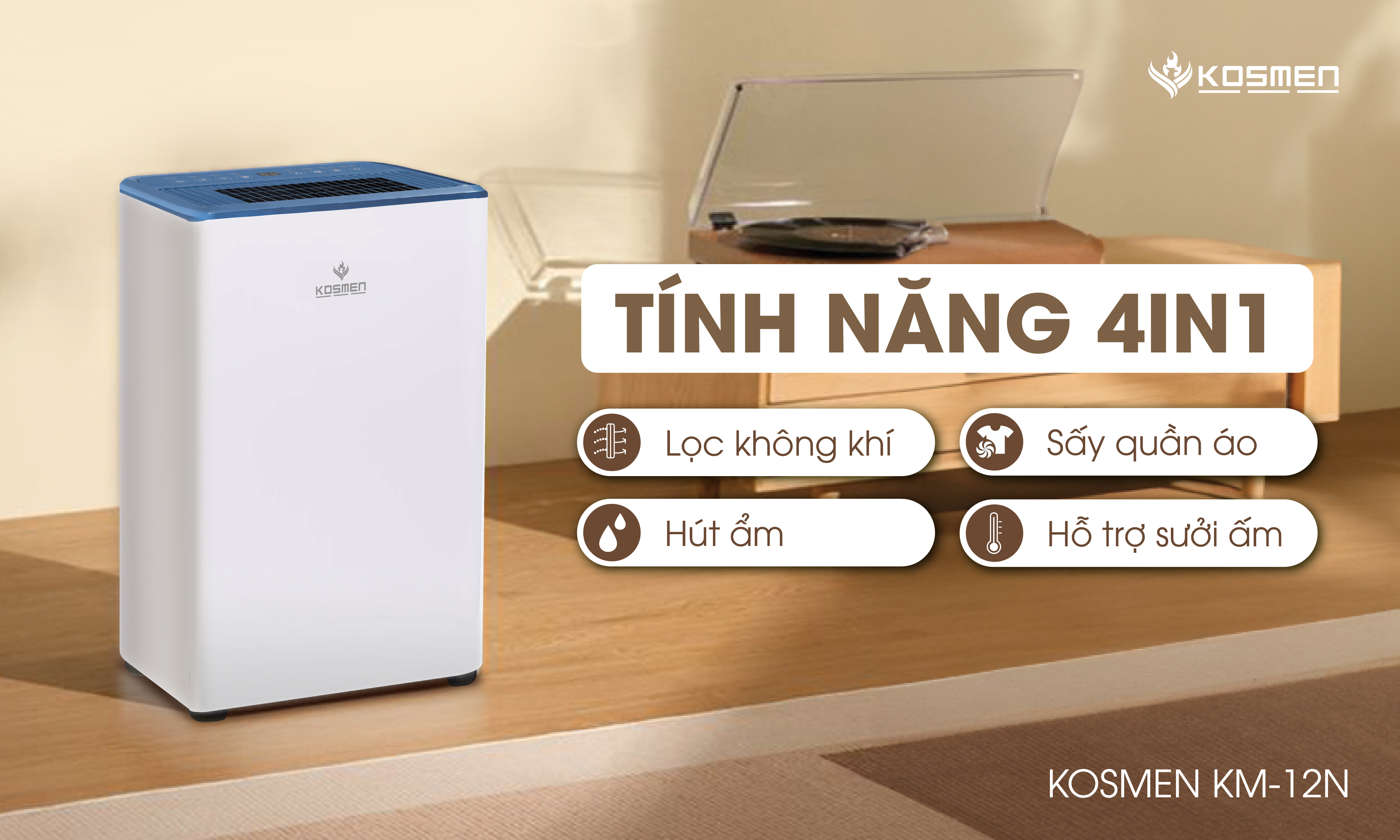 Máy hút ẩm Kosmen KM-12N được tích hợp tính năng 4 trong 1