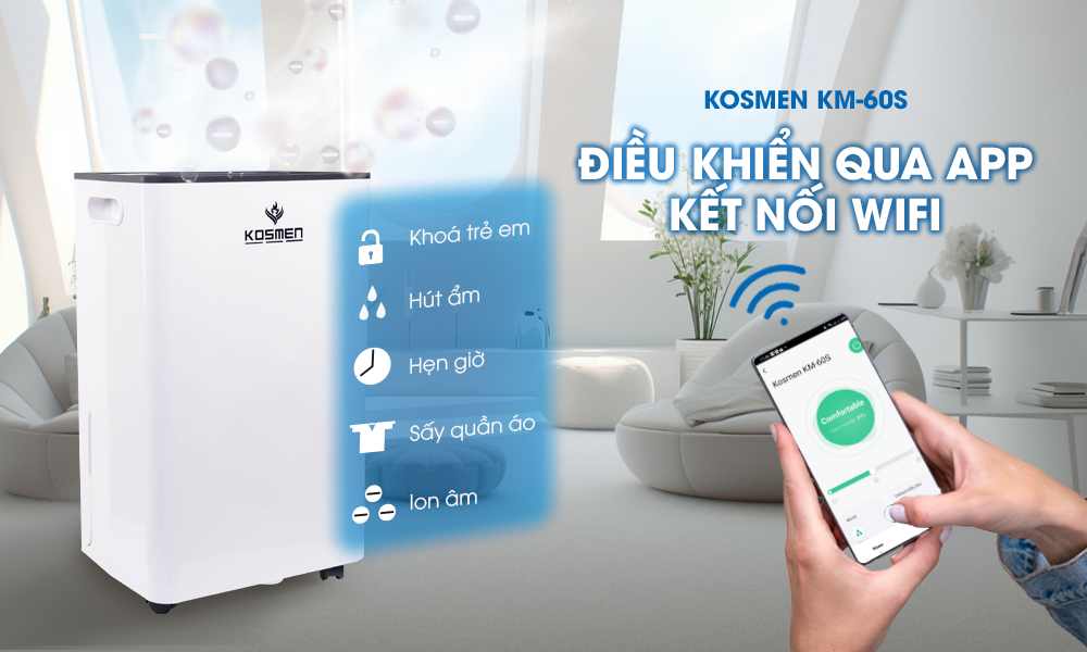 Máy hút ẩm Kosmen KM-60S có khả năng kết nối wifi, tùy chỉnh qua app