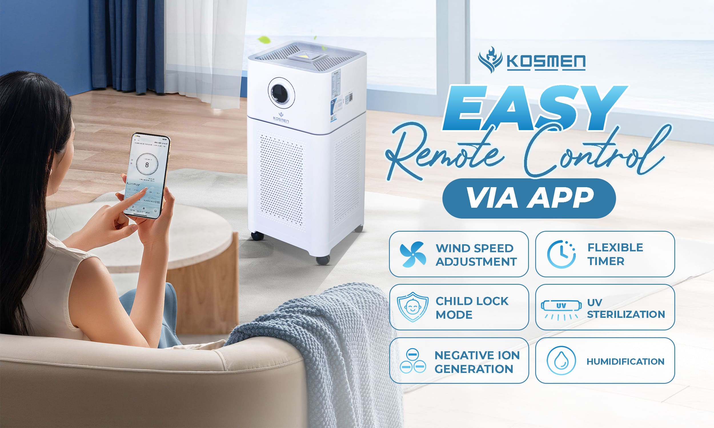Easily control your Kosmen air purifier with the wifi connection feature