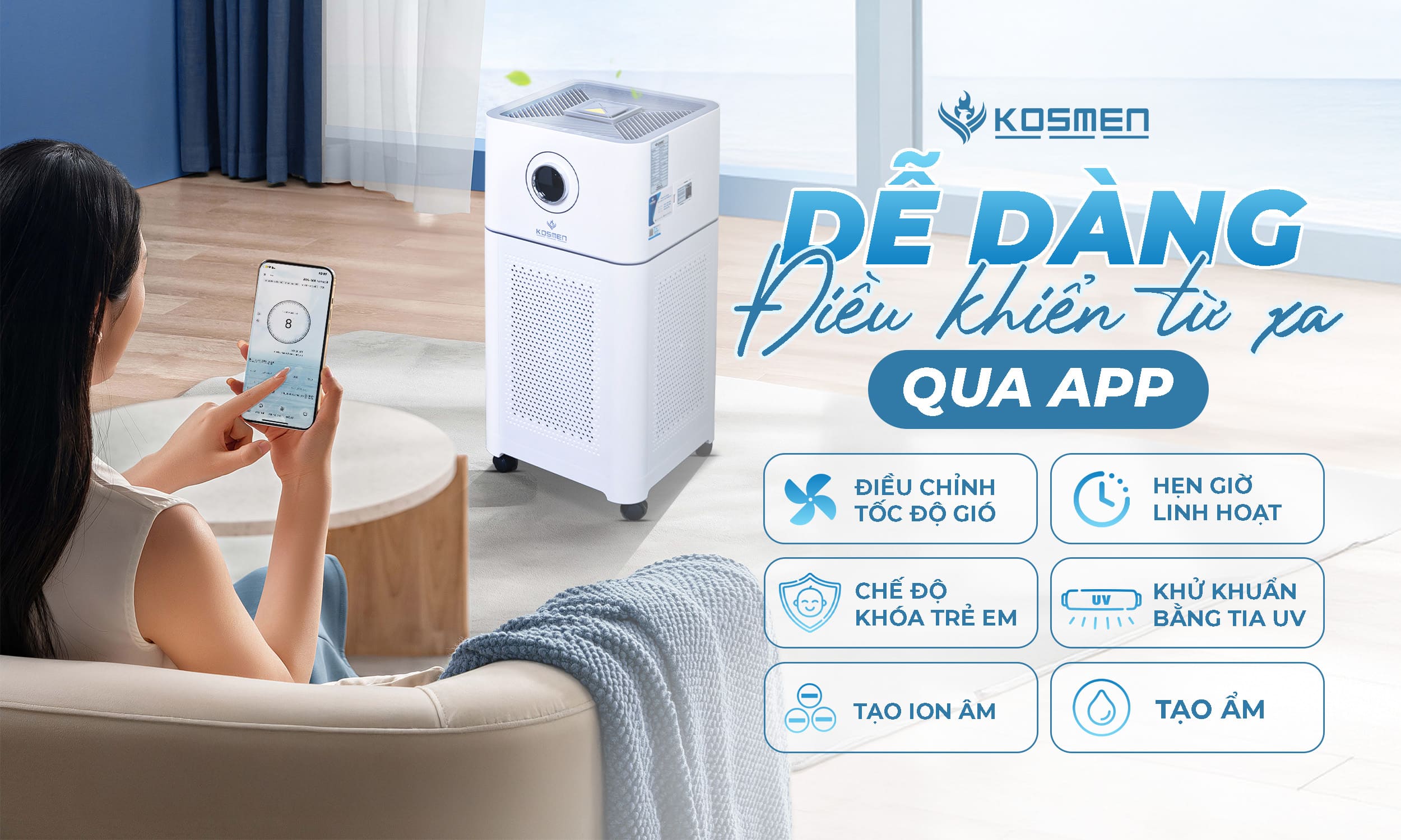 Dễ dàng điều khiển máy lọc không khí Kosmen nhờ tính năng kết nối wifi