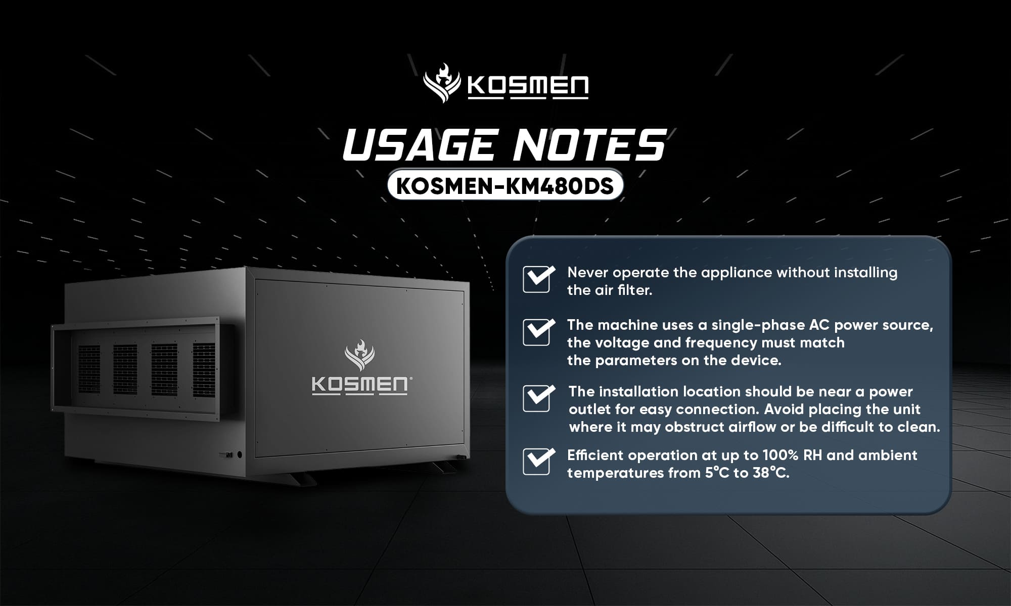 Notes When Using the Kosmen KM-480DS Ceiling-Mounted Dehumidifier