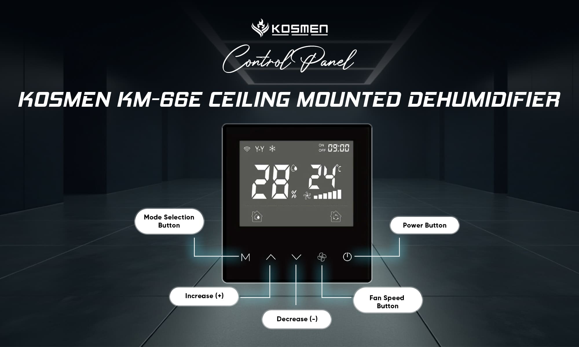 Control Panel of the Kosmen KM-66E Ceiling-Mounted Dehumidifier